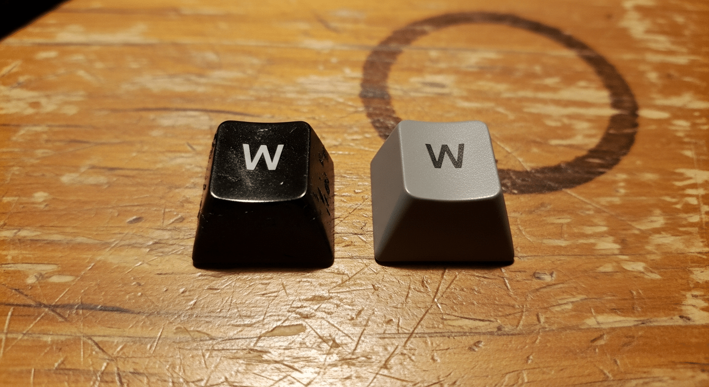 Foto comparativa lado a lado: tecla W em ABS brilhante após 1 ano vs tecla W em PBT fosca após o mesmo período