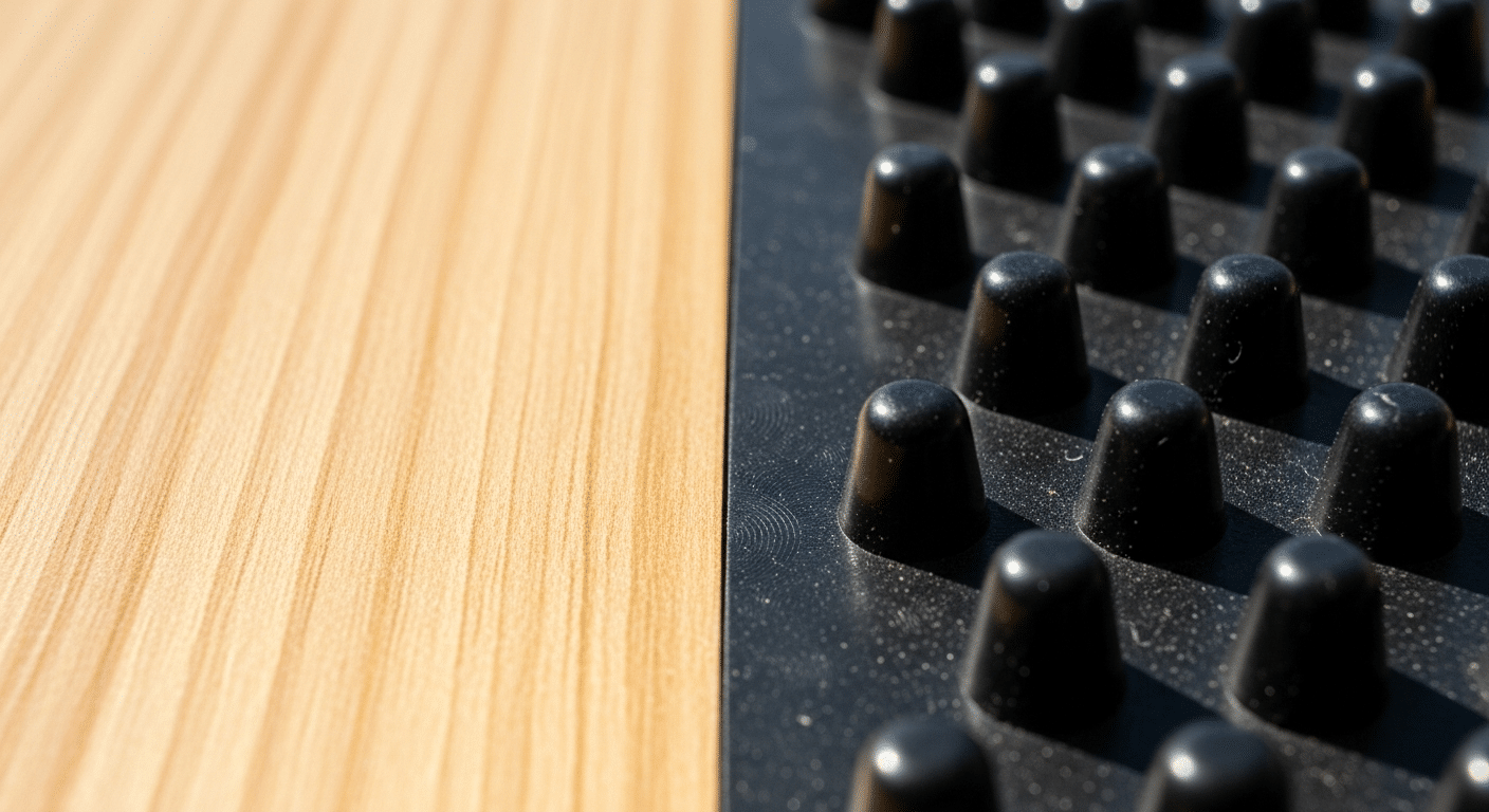 Comparativo visual de texturas: superfície lisa vs rolos massageadores em plástico