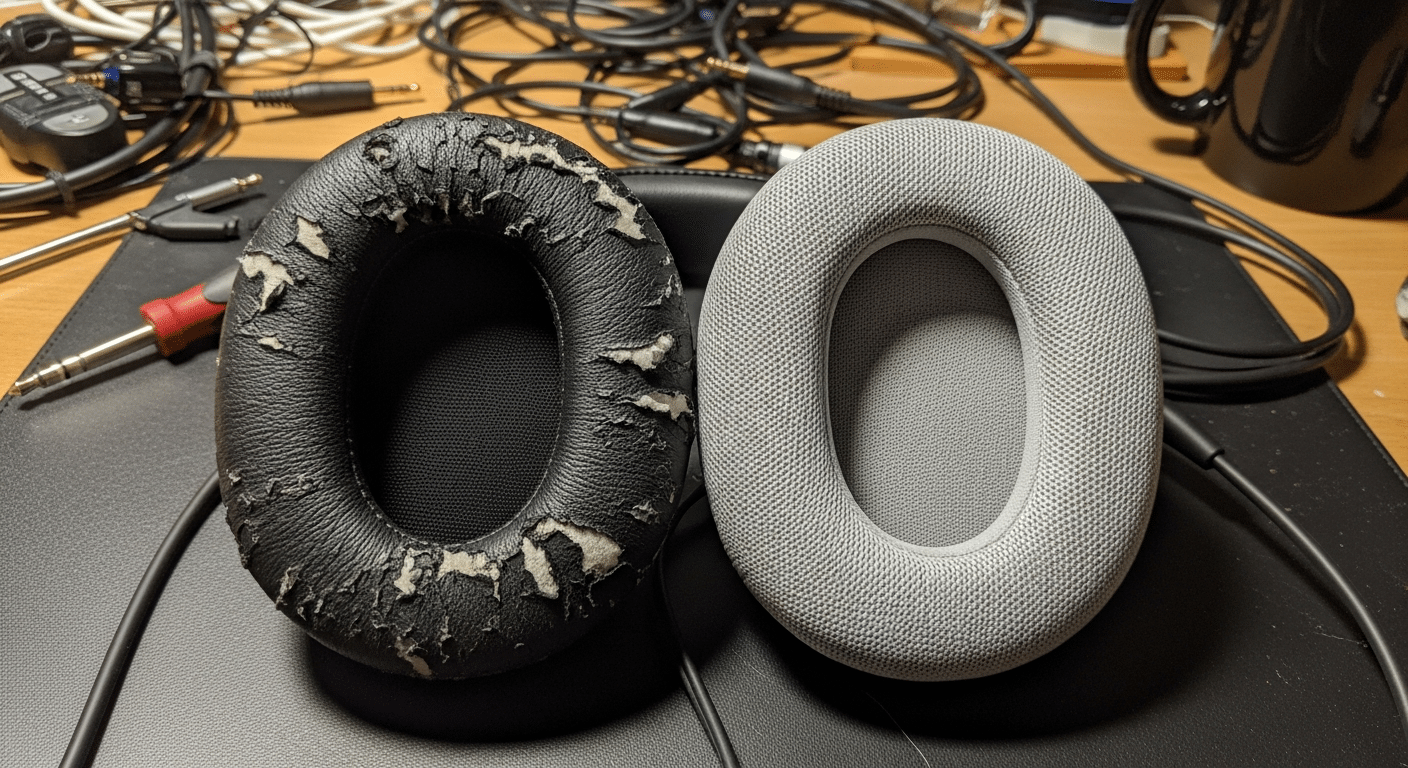 Comparação lado a lado: Earpad de couro sintético destruído à esquerda e earpad de tecido esportivo novo instalado no fone à direita