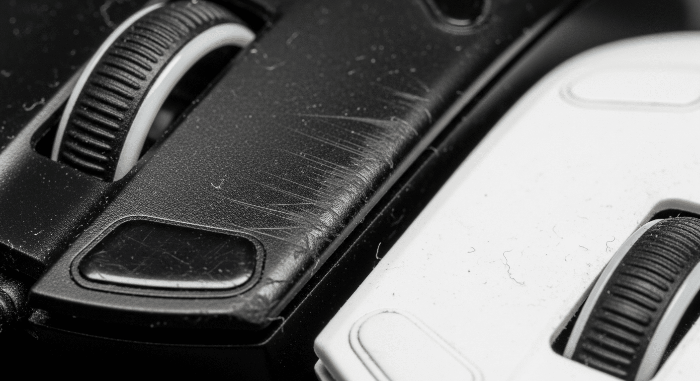 Foto comparativa macro mostrando um skate de mouse gasto com bordas afiadas ao lado de um skate novo com bordas arredondadas