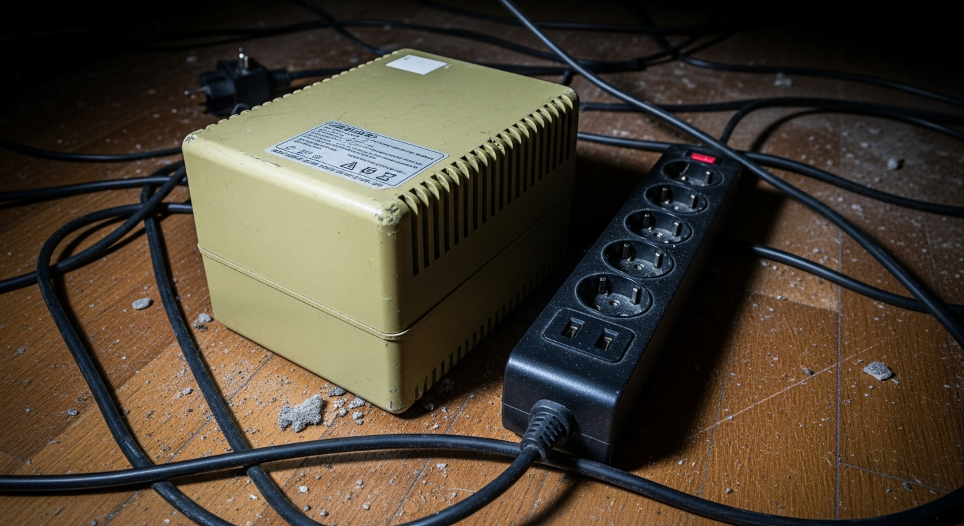 Foto comparativa lado a lado: um estabilizador antigo e amarelado versus um filtro de linha moderno e robusto sobre uma mesa de madeira