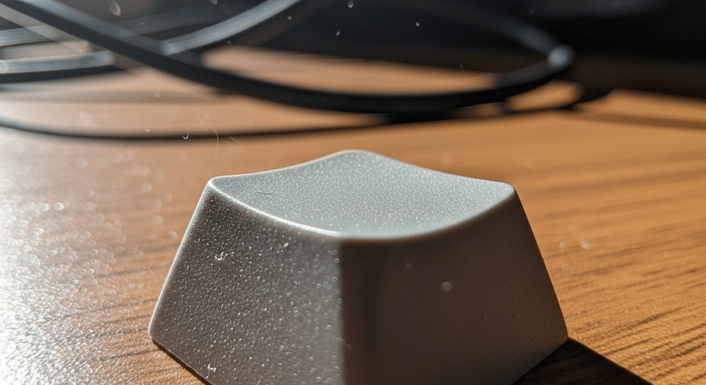 Fotografia macro comparando a textura áspera e arenosa de uma keycap PBT versus a superfície lisa e brilhante de uma keycap ABS