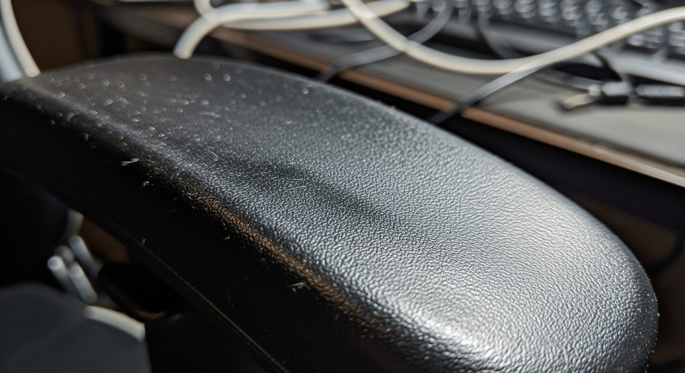 Apoio de Braço Duro: Como Resolver e Salvar Seus Cotovelos (Guia Prático) 11 Close-up mostrando a textura rígida de um apoio de braço de plástico padrão de cadeira gamer