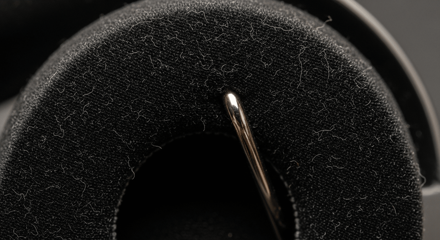 Close-up de almofadas de headset em espuma de memória (memory foam) com textura de veludo, mostrando como se adaptam à haste dos óculos