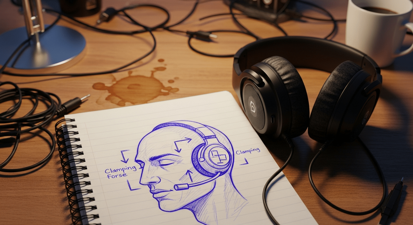 Diagrama ilustrando os vetores de força de um headset pressionando as laterais da cabeça e o selo acústico resultante nas orelhas