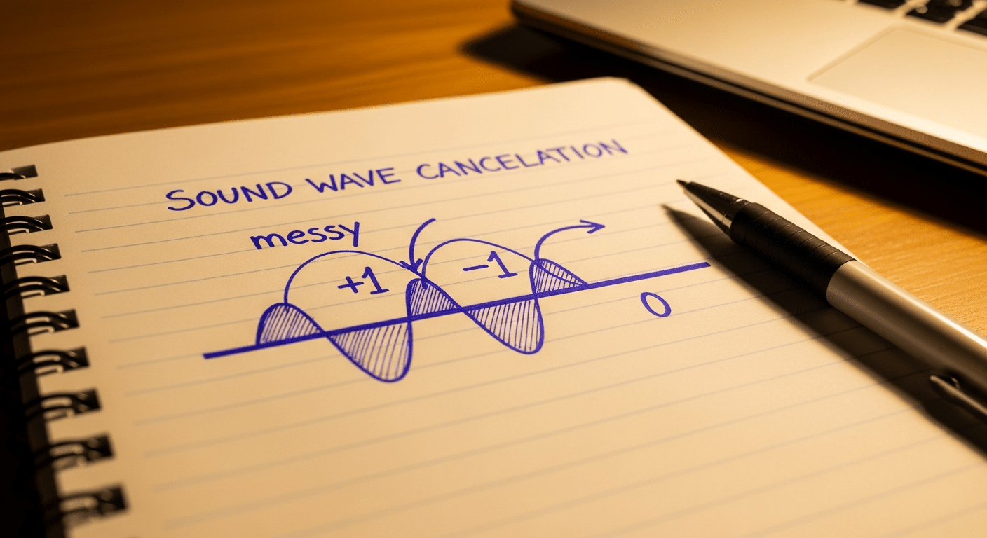 Esboço manual ilustrando o conceito de interferência de ondas sonoras