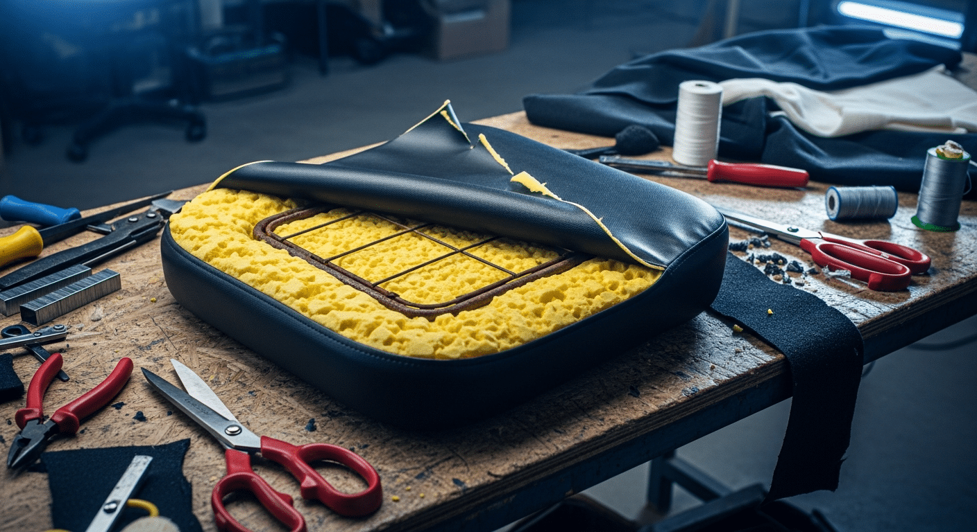 Oficina de tapeçaria com uma cadeira gamer desmontada, mostrando a estrutura metálica interna e a espuma injetada exposta