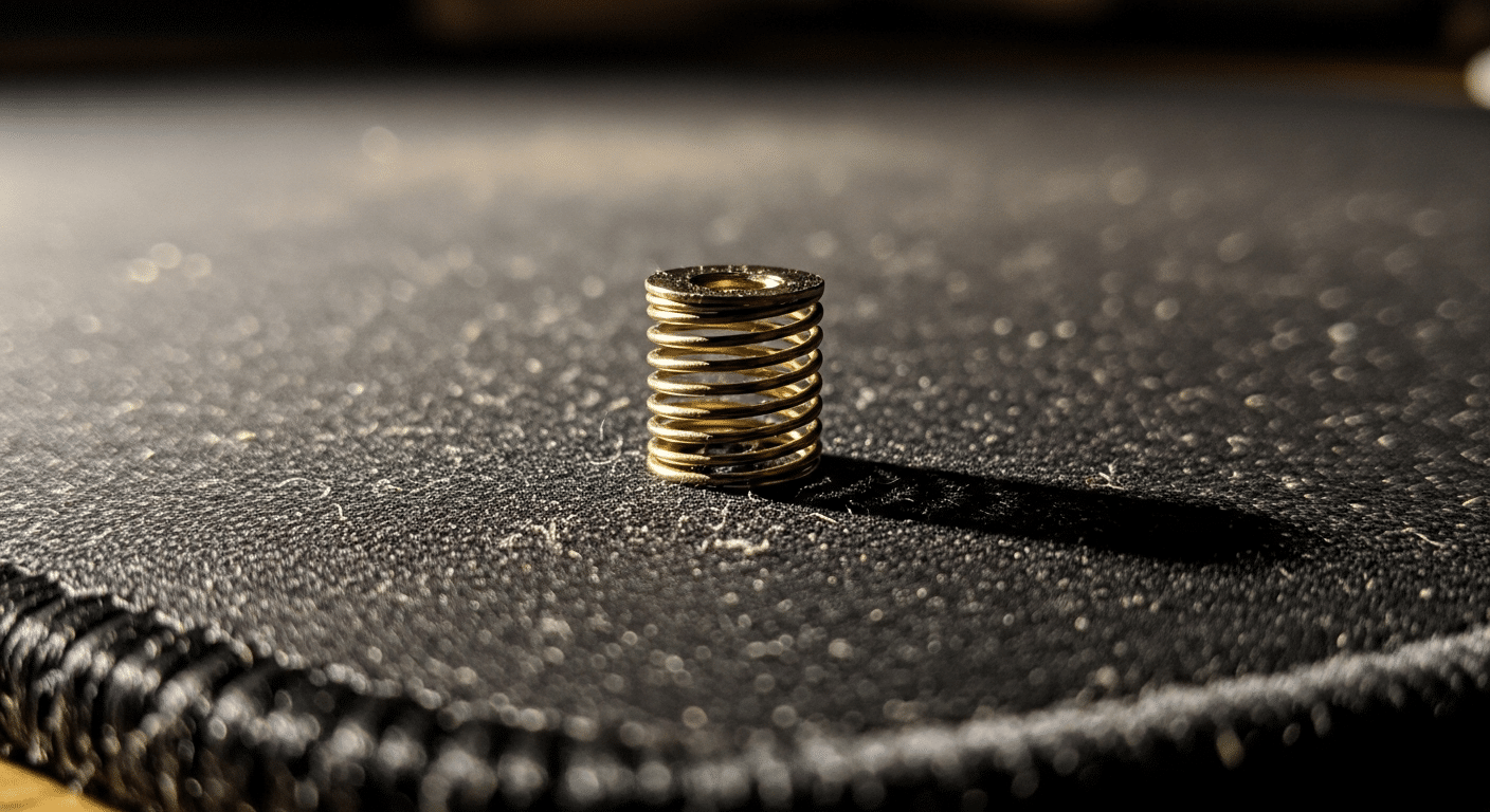 Macro photography of a gold keyboard spring isolated on a dark background showcasing metal texture and spiral structure