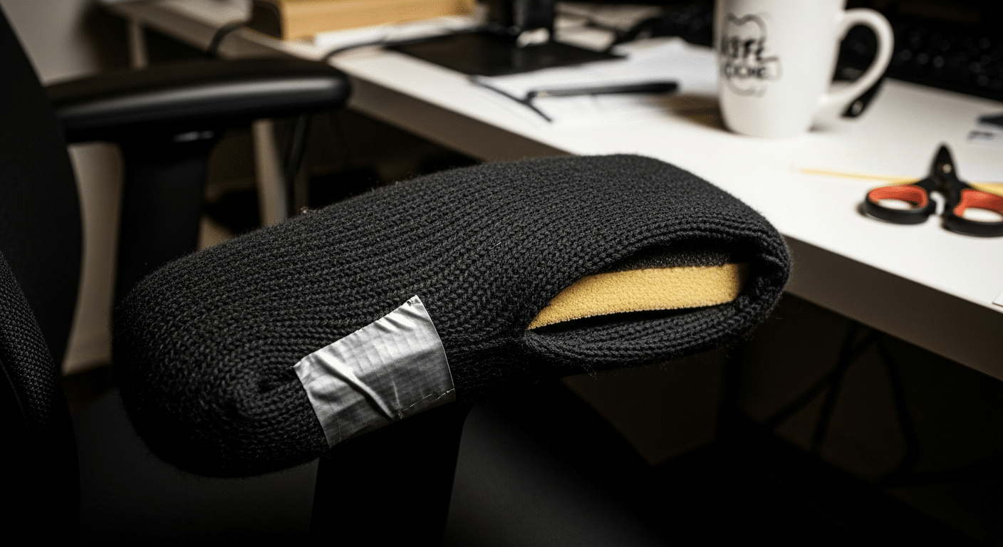 Apoio de Braço Duro: Como Resolver e Salvar Seus Cotovelos (Guia Prático) 13 Solução caseira mostrando um apoio de braço de cadeira improvisado com materiais do dia a dia para aumentar o conforto