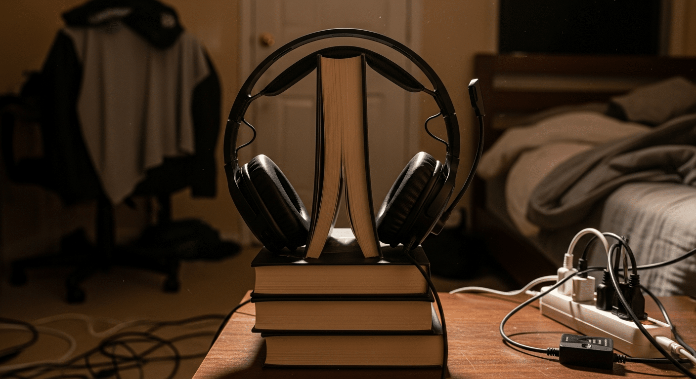 Headset preto sendo esticado sobre uma pilha de livros grossos para lacear a haste durante a noite