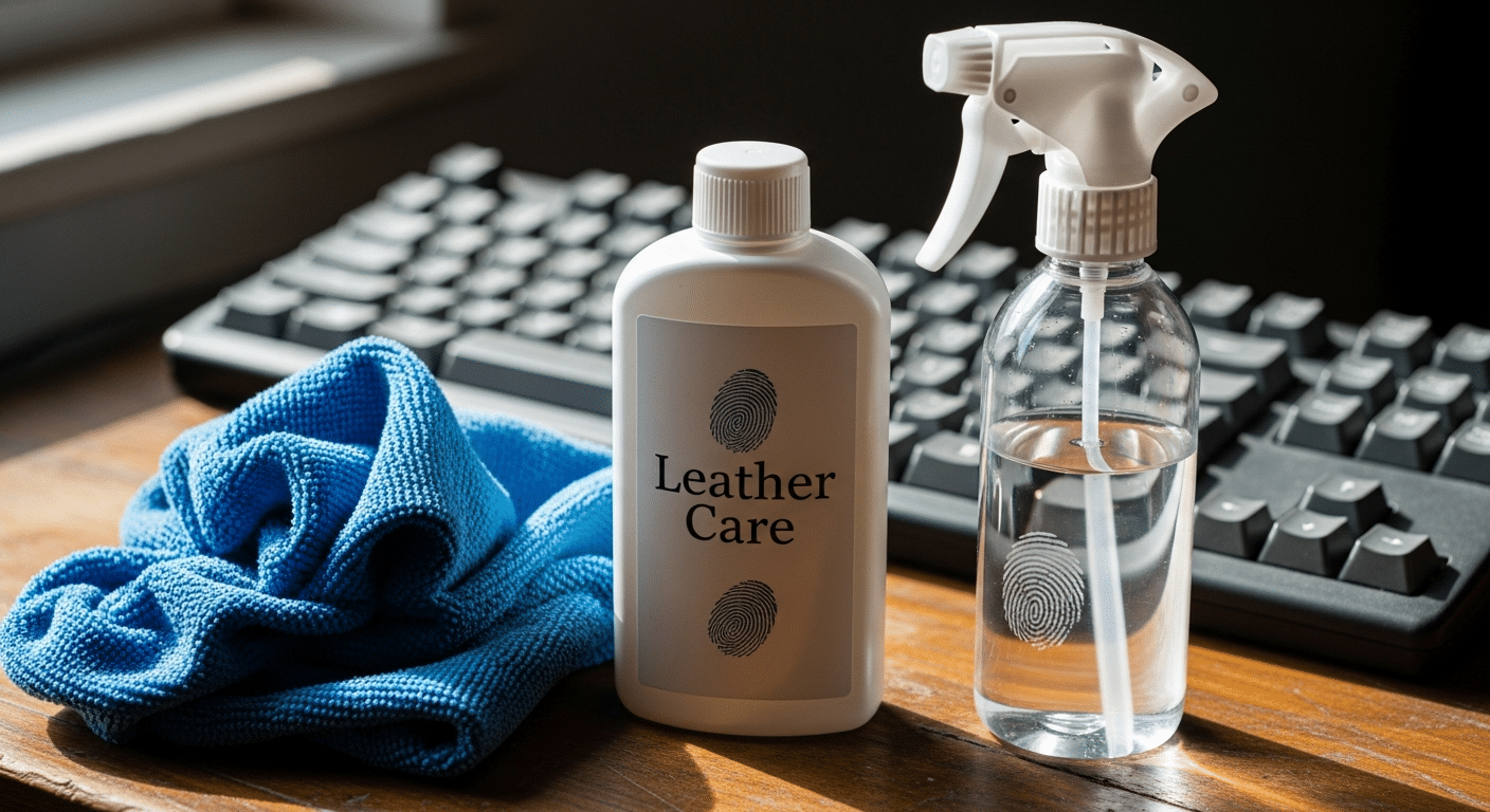Kit de limpeza ideal: pano de microfibra azul, frasco de hidratante específico para couros sintéticos e um borrifador com água