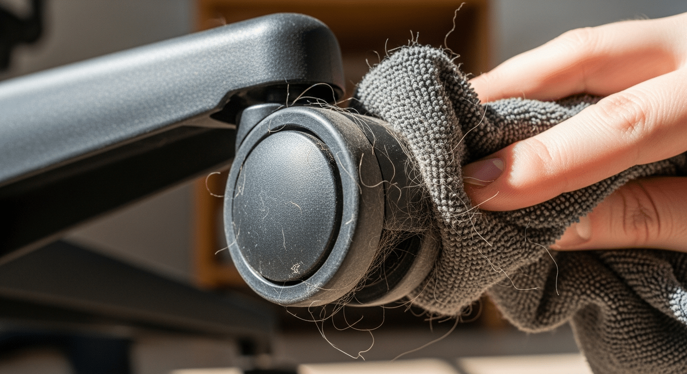 Removendo sujeira e cabelos das rodinhas da cadeira de escritório