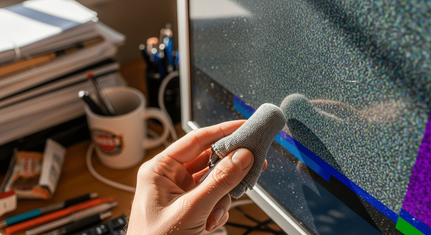 Dead Pixel vs Stuck Pixel: Guia de Identificação e Reparo 13 Illustration of a hand applying gentle pressure on a monitor screen using a microfiber cloth and a stylus pen tip