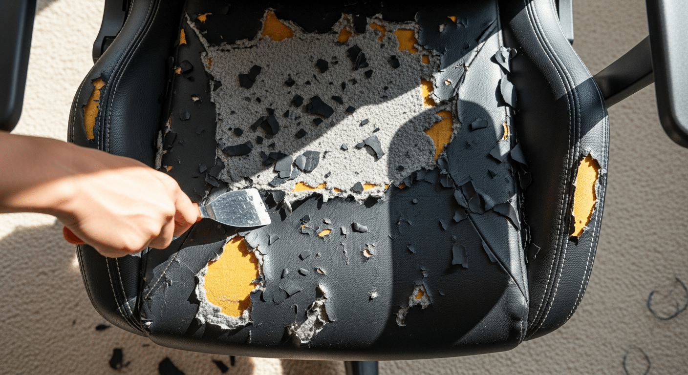 Mão segurando uma espátula plástica removendo lascas de revestimento sintético preto de uma cadeira, mostrando o tecido base felpudo por baixo