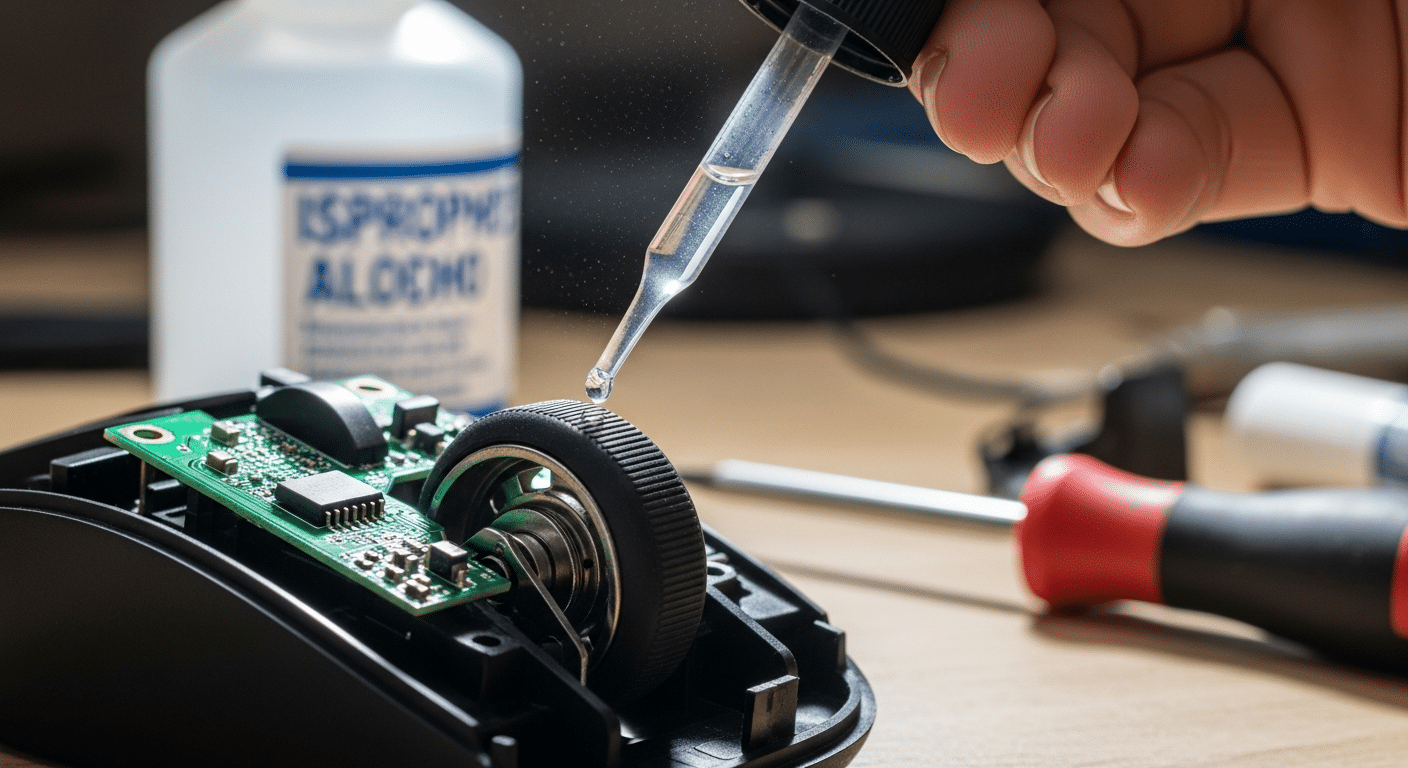 Mão segurando conta-gotas aplicando álcool isopropílico no encoder do mouse desmontado