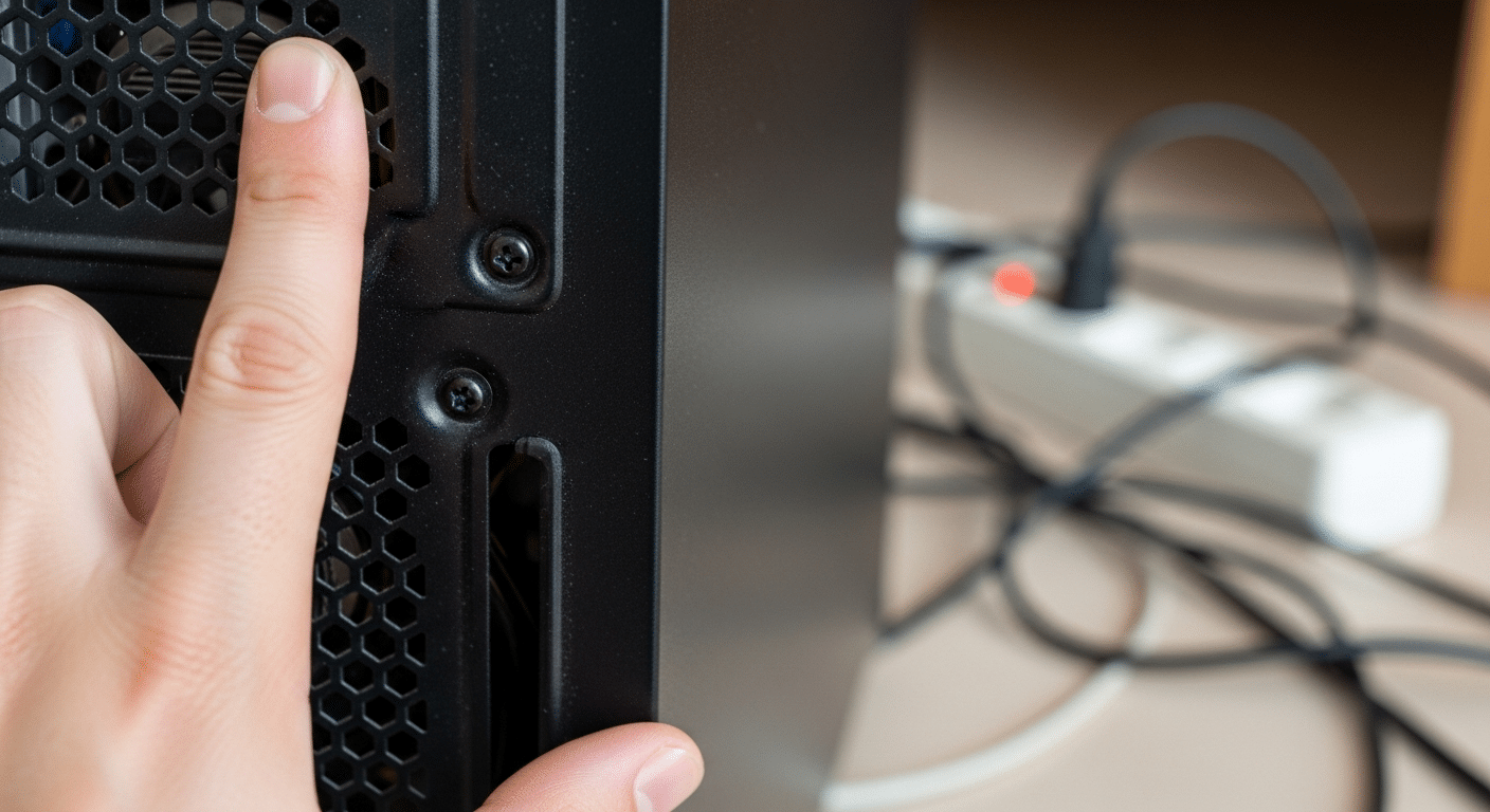 Como tirar o chiado do microfone: Guia Definitivo para Áudio Cristalino 12 Foto em close-up de uma mão tocando a parte metálica de um gabinete de PC, ilustrando o teste de aterramento