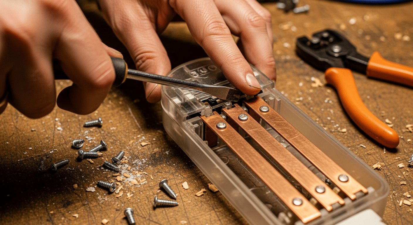 Mãos segurando uma chave de fenda abrindo um filtro de linha iClamper transparente, revelando barramentos de cobre e varistores robustos