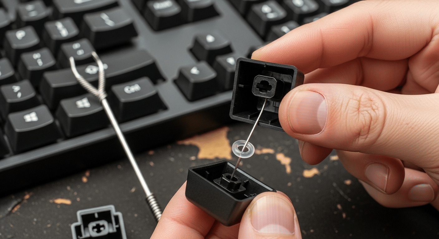 Mãos instalando O-Rings em uma tecla de teclado mecânico