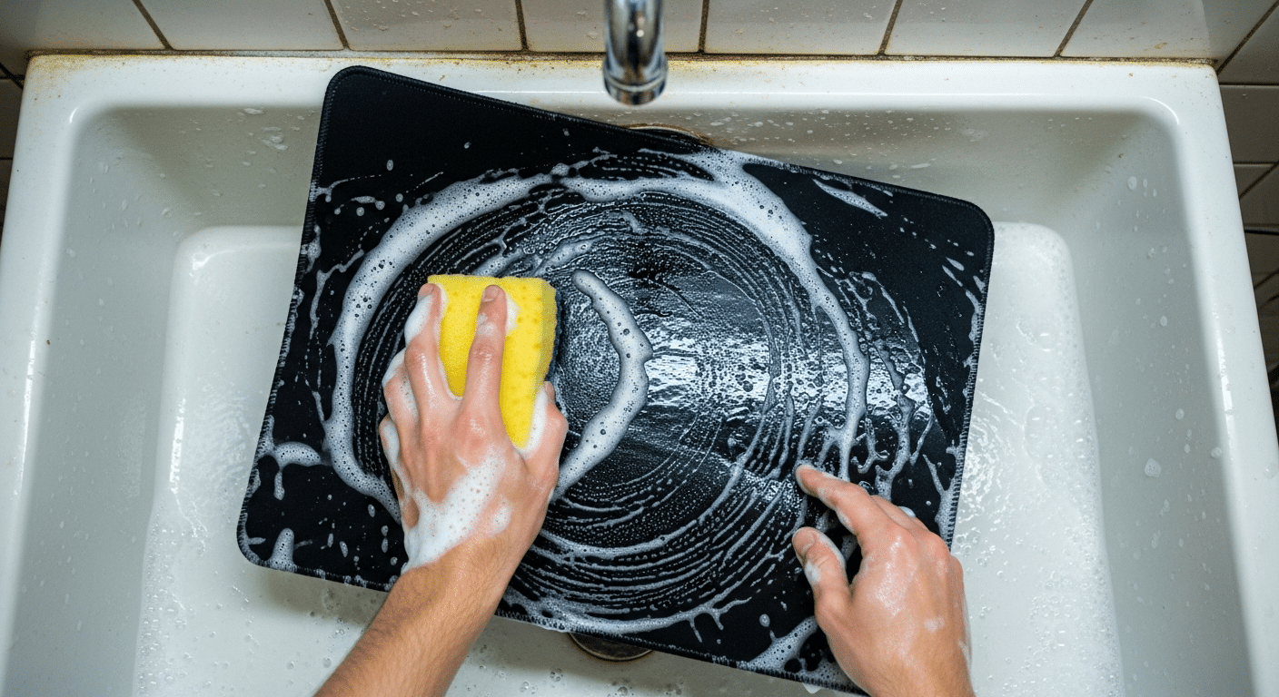 Mãos esfregando suavemente um mousepad gigante com uma esponja amarela e espuma branca