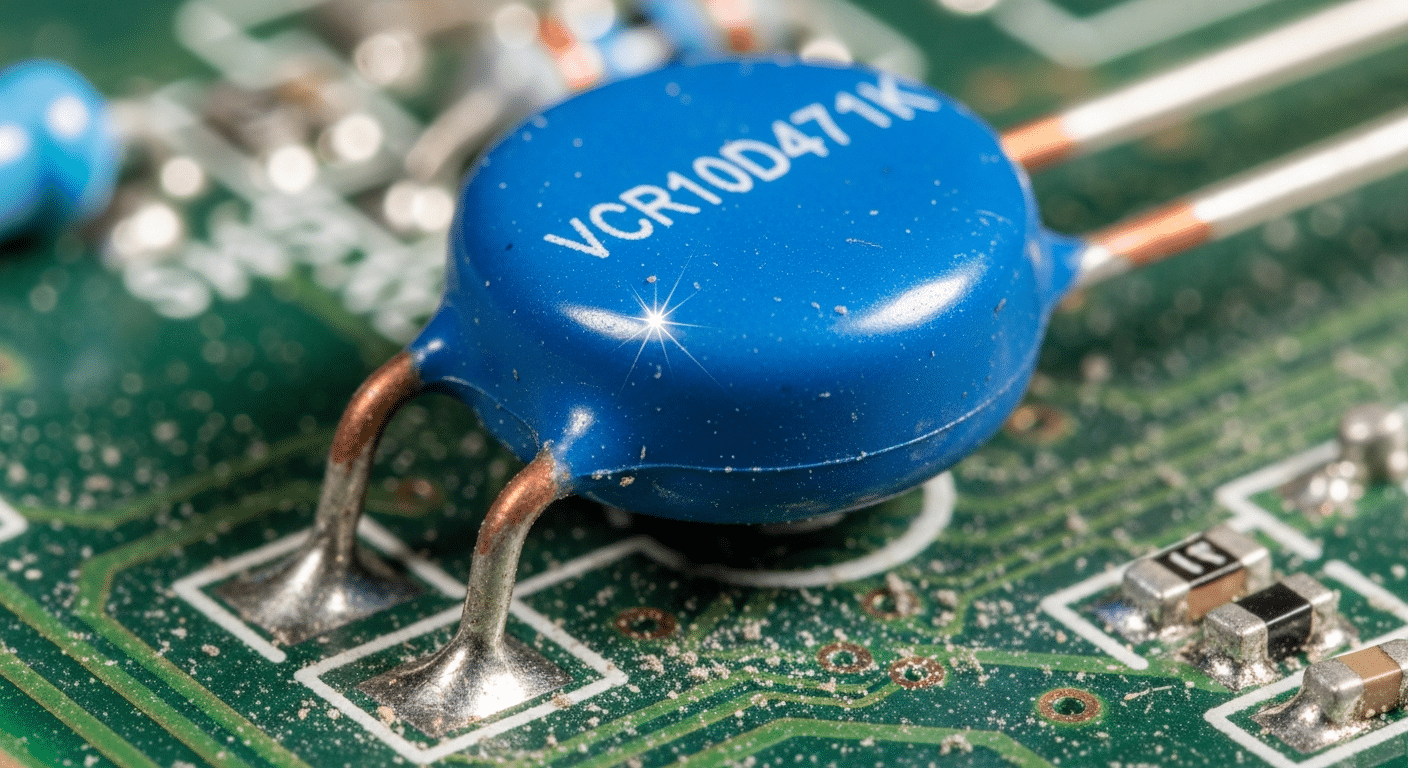 Close-up macro de um componente eletrônico Varistor (MOV) azul em formato de disco soldado em uma placa de circuito verde