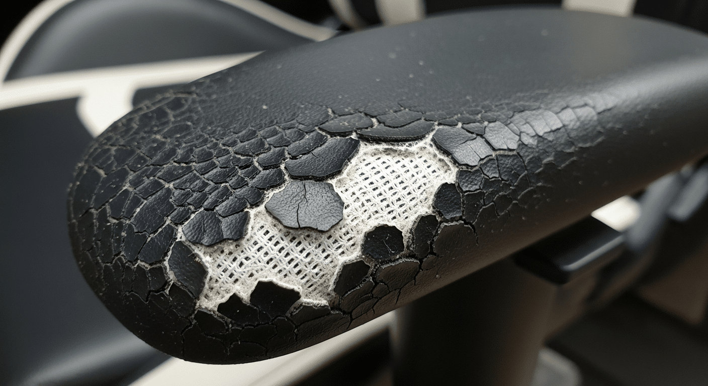 Close-up macro mostrando a textura de couro sintético PU rachando e levantando as bordas, revelando a malha de tecido por baixo