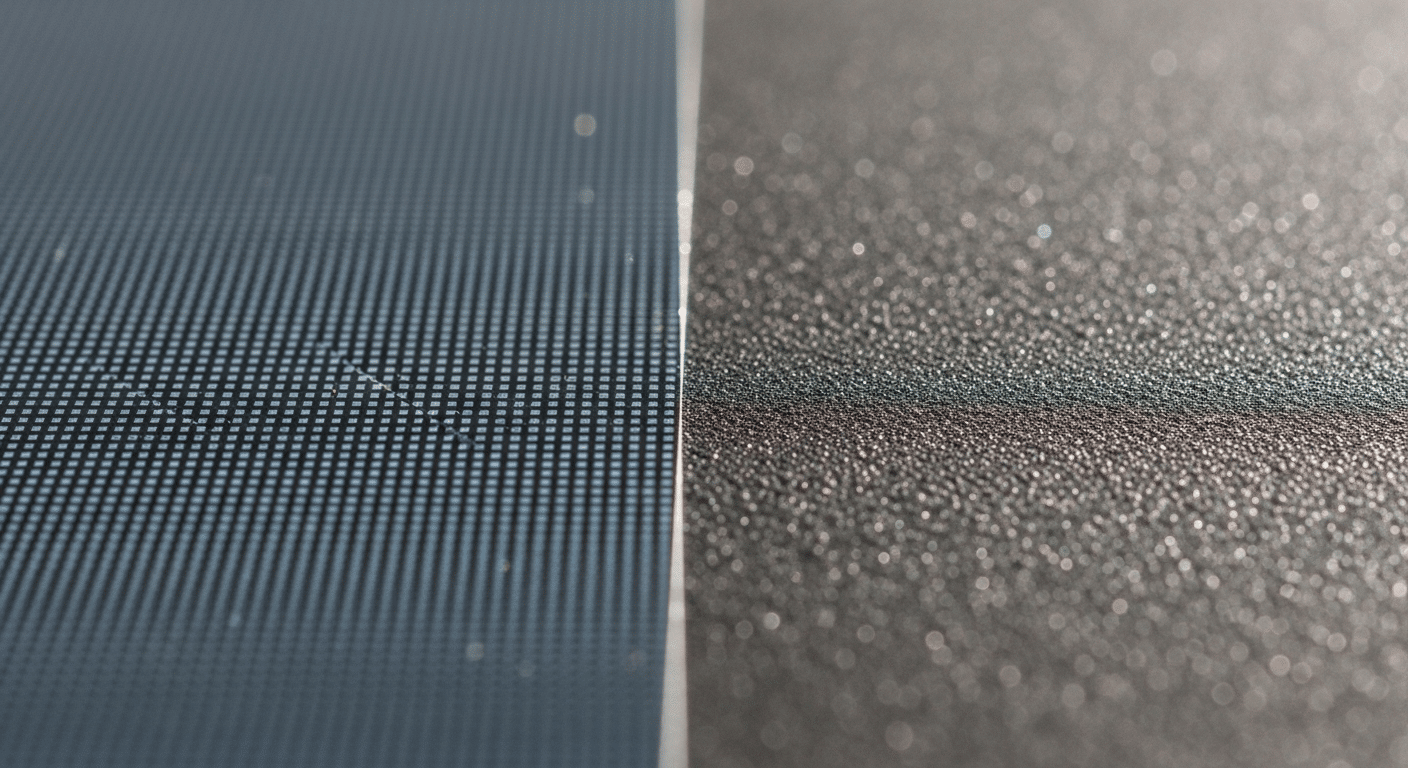 Diagrama ilustrativo mostrando raios de luz atingindo uma superfície lisa e refletindo diretamente, e ao lado, raios atingindo uma superfície texturizada e se espalhando em várias direções