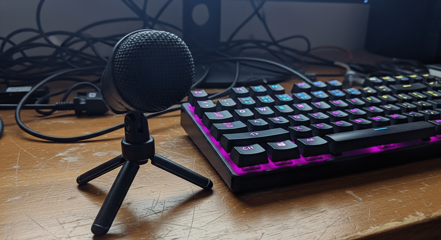 Ilustração mostrando vibrações sonoras viajando pela mesa em um microfone de suporte simples