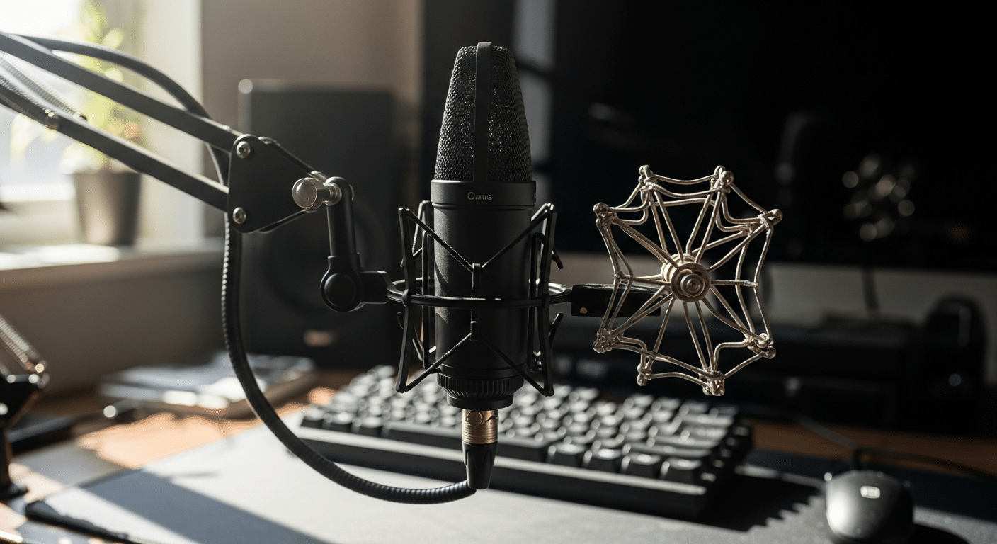Microfone suspenso em um braço articulado com shock mount isolando o som da mesa