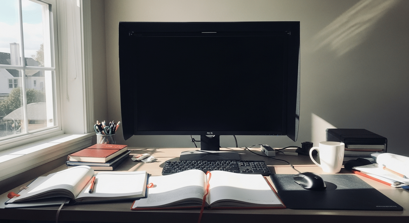 Setup de escritório mostrando um monitor com 'Monitor Hood' (abas laterais pretas) bloqueando a luz de uma janela lateral