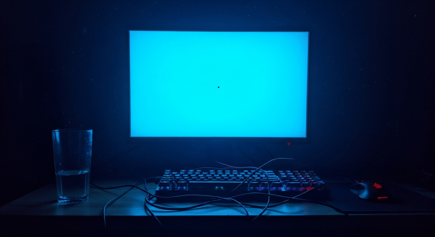 Dead Pixel vs Stuck Pixel: Guia de Identificação e Reparo 12 Monitor screen in a dark room displaying a bright solid color test pattern to highlight pixel defects