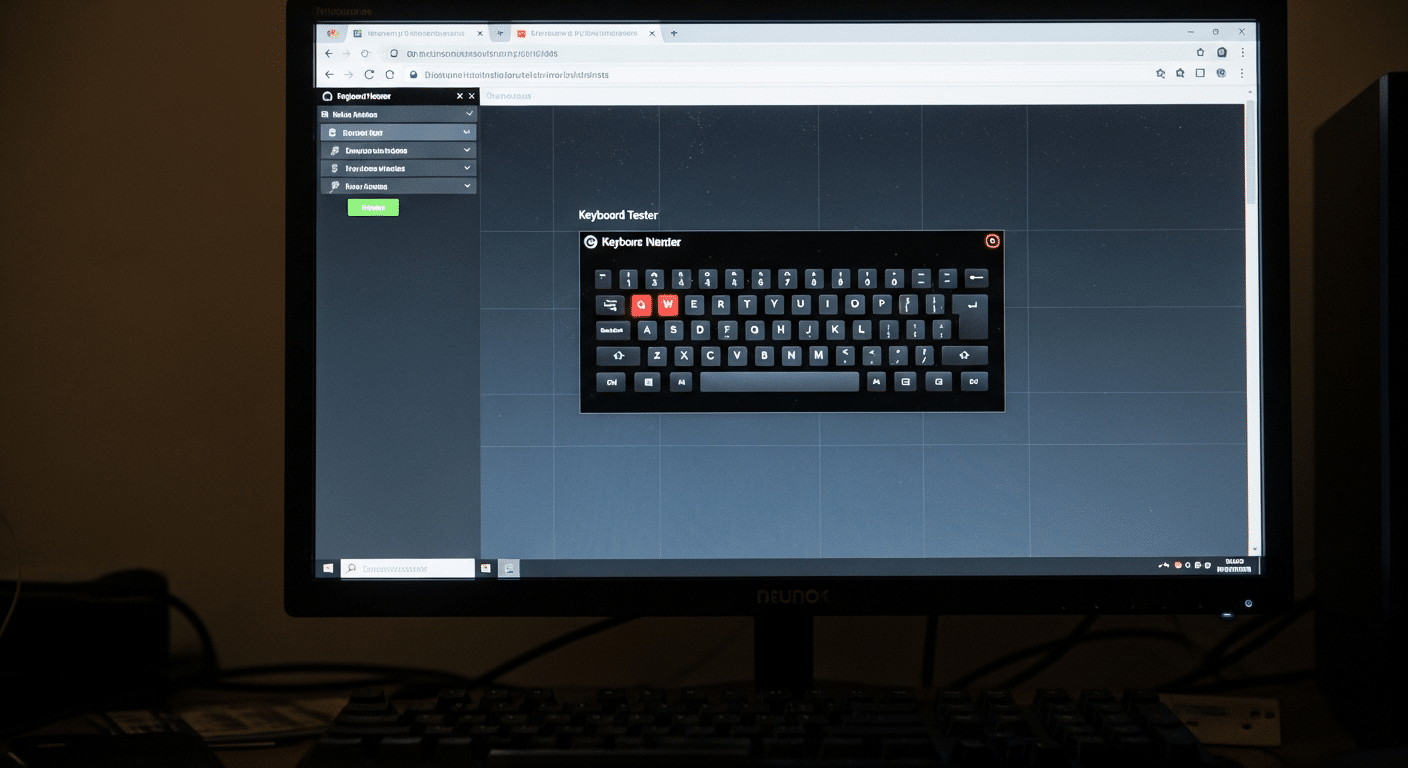 Monitor de computador exibindo interface de software de teste de teclado com diagrama visual das teclas e destaque vermelho indicando erro de chattering.