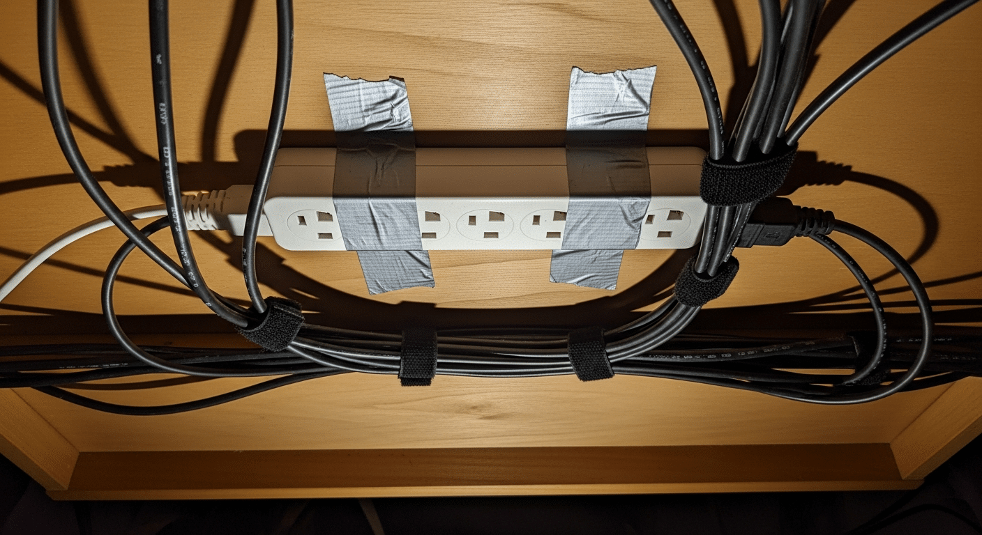 Como Montar um Setup Minimalista: Guia de Produtividade e Foco 12 Foto detalhada de organização de cabos embaixo da mesa: calhas, velcros e filtro de linha fixado, mostrando o antes e depois da organização