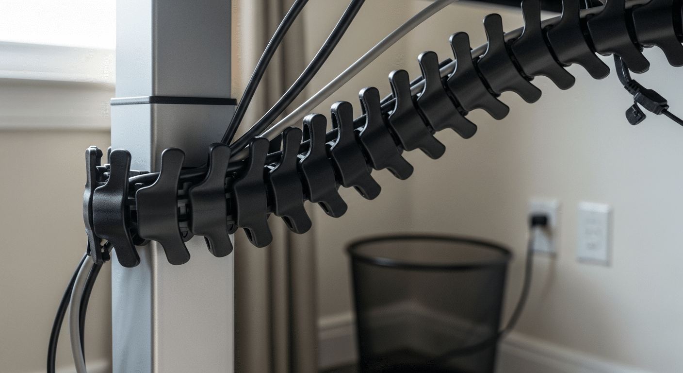 Exemplo de cable spine (coluna vertebral para cabos) instalada em uma mesa com regulagem de altura