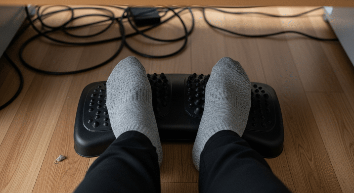 Pés com meias cinzas apoiados confortavelmente no suporte ergonômico