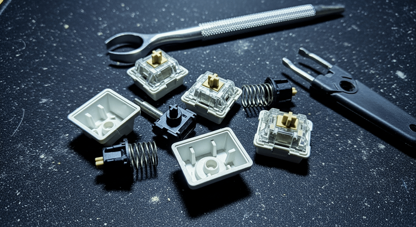 Close-up de um switch mecânico desmontado mostrando a mola de metal interna responsável pelo ruído