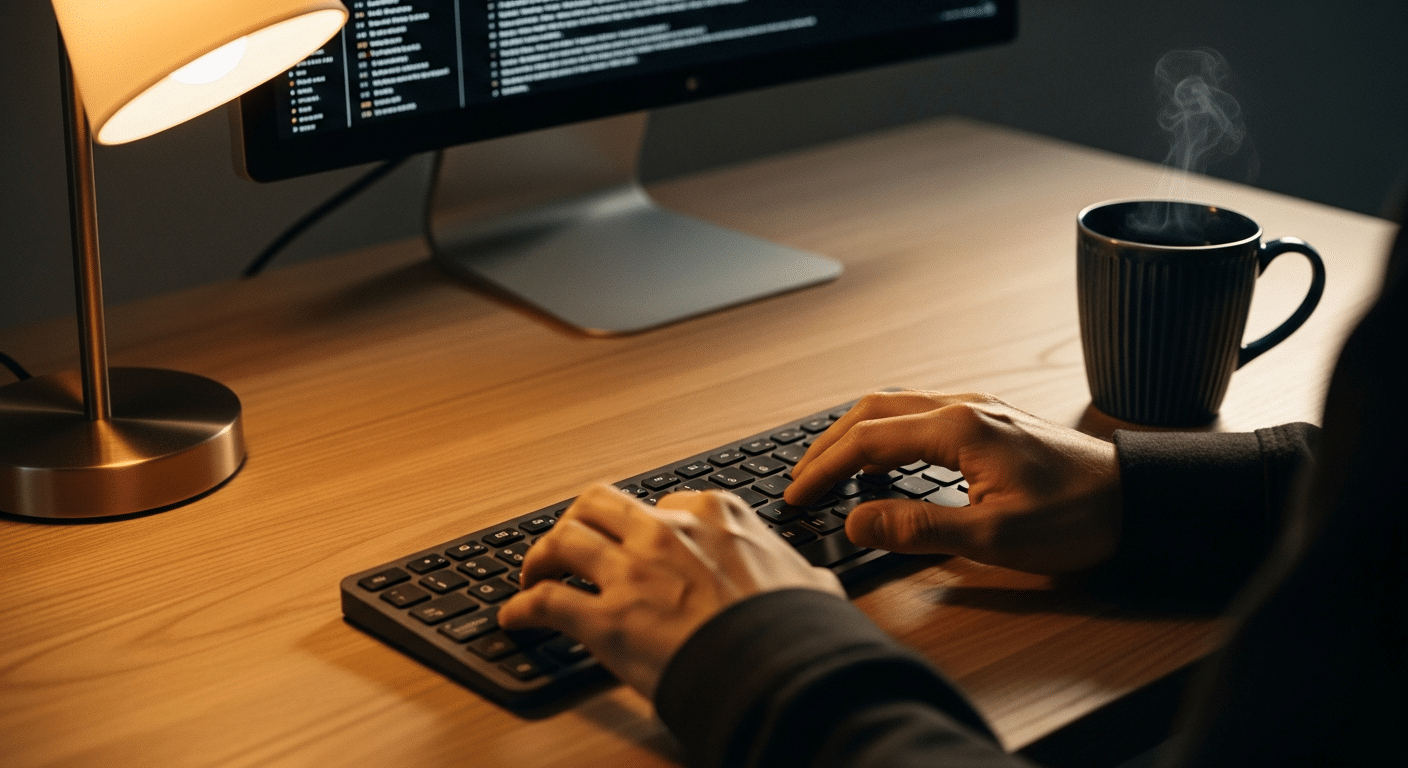 Como Montar um Setup Minimalista: Guia de Produtividade e Foco 13 Pessoa trabalhando focada em um ambiente clean, com luz natural iluminando a mesa organizada