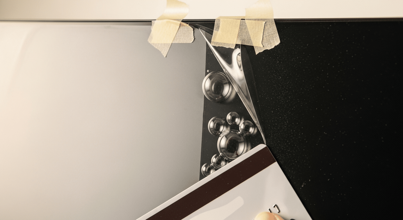 Foto em close do canto de um monitor durante a instalação, mostrando metade da tela com reflexo nítido e a outra metade com a película fosca aplicada, difundindo a luz