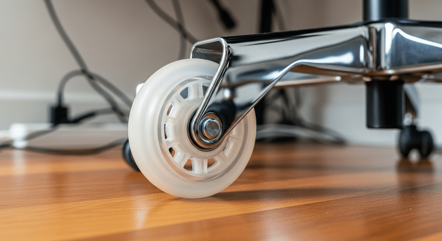 Cadeira de escritório moderna em setup clean, com destaque para as novas rodas e o piso impecável