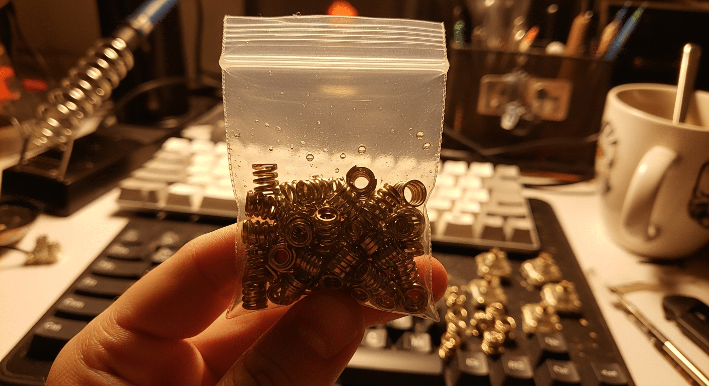 Mãos segurando um saco ziplock contendo molas de teclado e óleo, demonstrando a técnica de bag lube