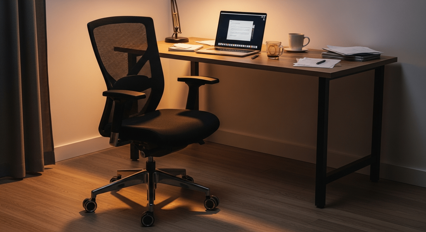 Pessoa sentada em cadeira de escritório deslizando suavemente em piso de madeira, foco nas rodas transparentes