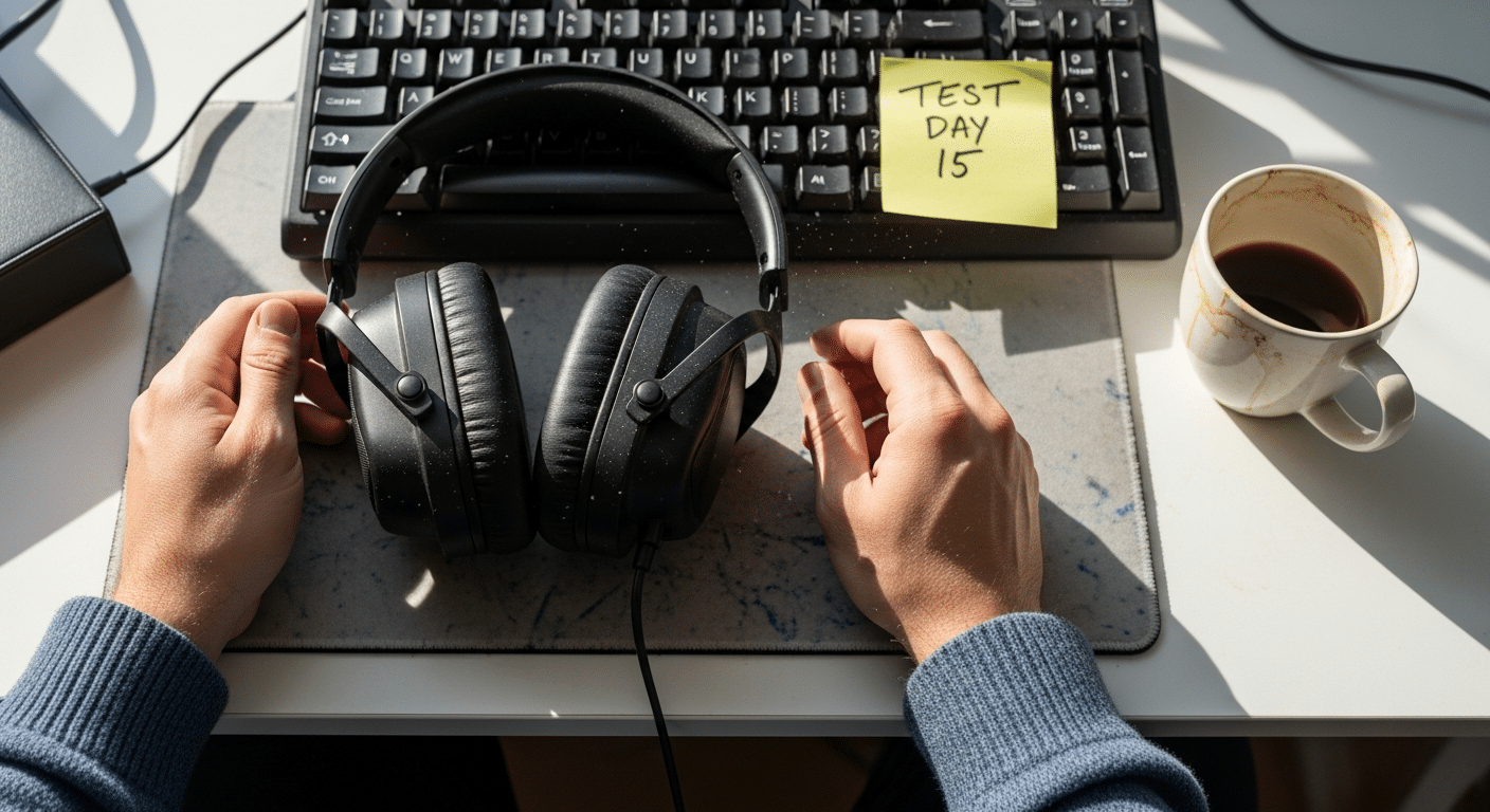 Setup de home office real utilizado durante o teste de 30 dias com fones ANC