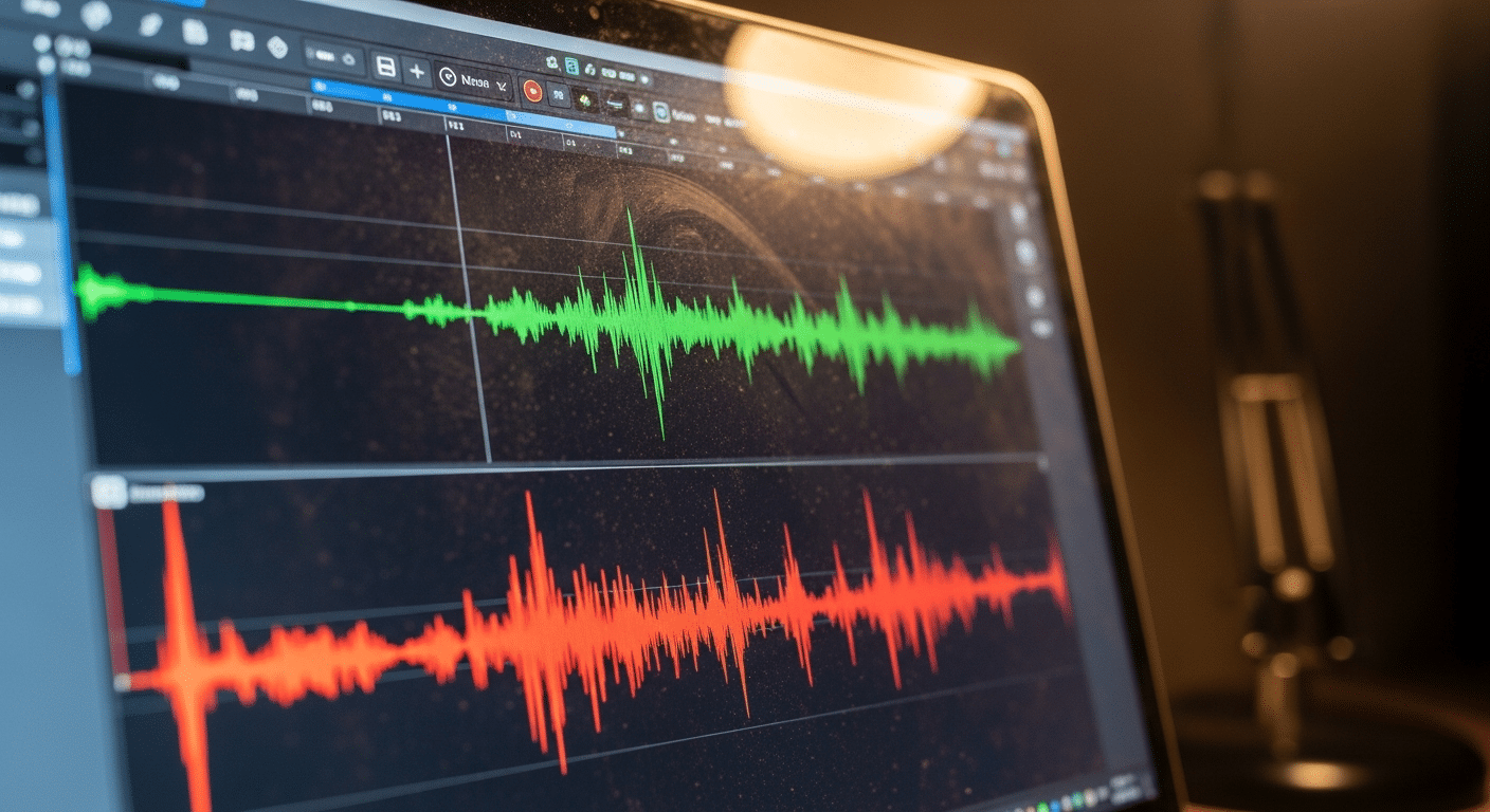 Tela de laptop mostrando gráficos comparativos de ondas sonoras de ruídos diferentes