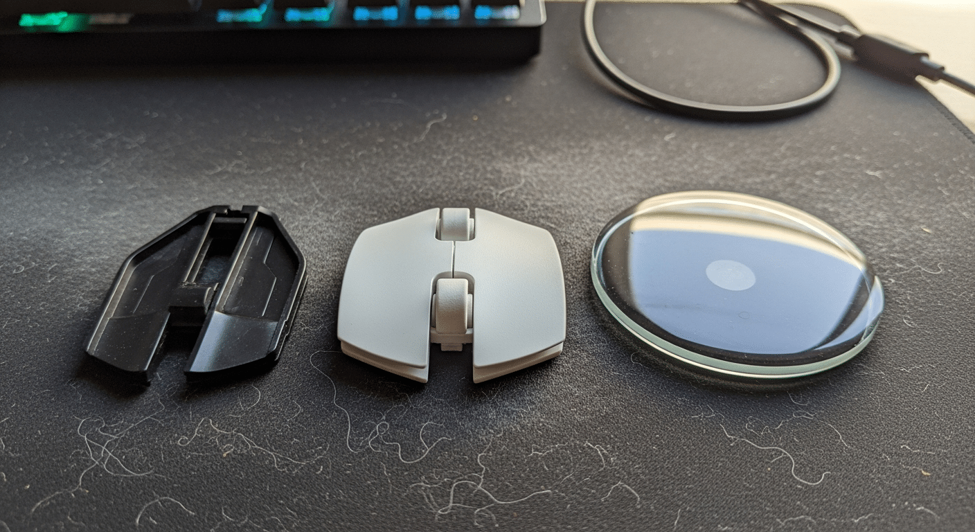 Fotografia macro mostrando três tipos de skates para mouse lado a lado: PTFE preto padrão, PTFE branco virgem e vidro temperado sobre um mousepad de tecido escuro